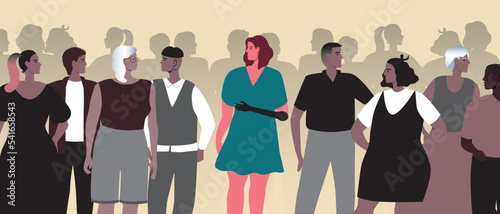 Disabled woman with prosthesis against group of people or crowd, flat vector stock illustration with problem of social isolation
