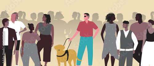 Blind with guide dog against group of people or crowd, flat vector stock illustration with problem of social isolation photo