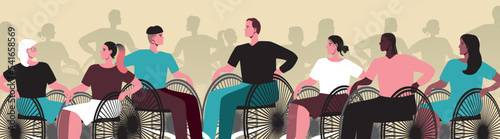 Crowd of inclusive people in wheelchair, flat vector stock illustration as disability community