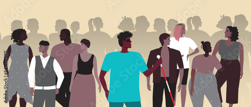 Blind African disabled person with cane against group of people or crowds, flat vector stock illusion with problem of social exclusion