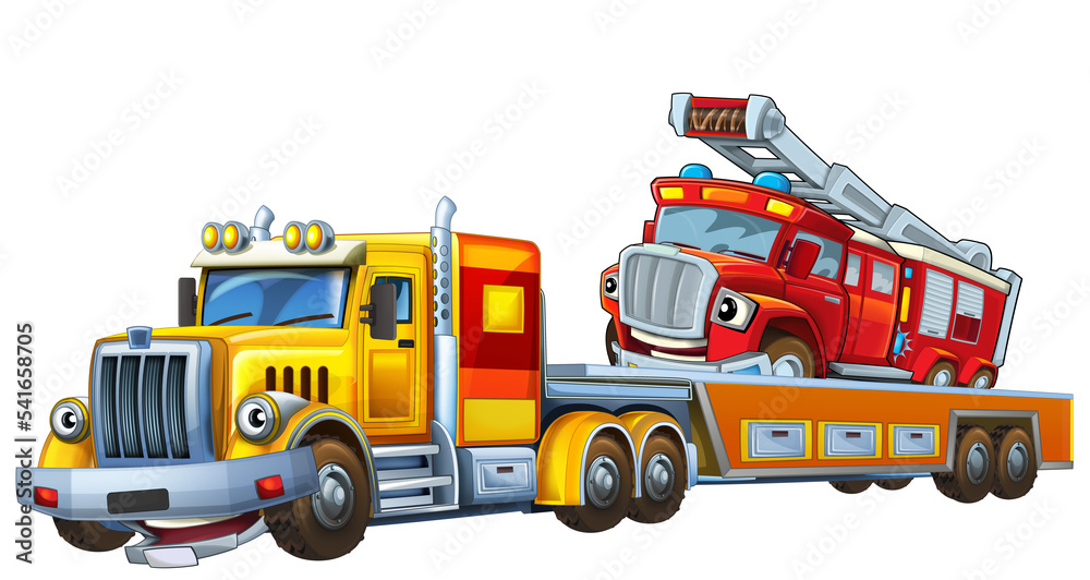 cartoon tow truck driving with other car fireman