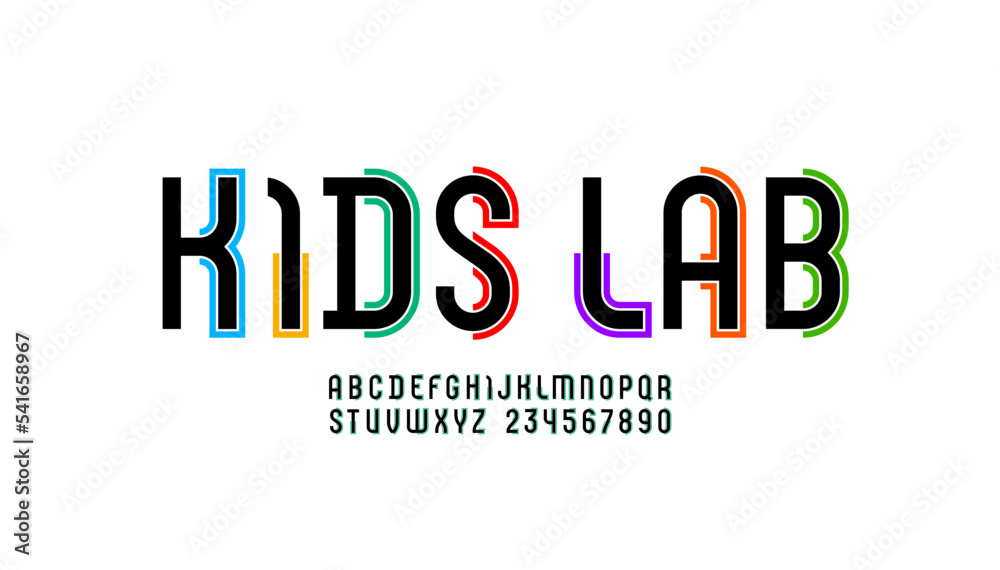 Obraz premium Concept font, kids alphabet, trendy letters and numbers made of outline and pieces, vector illustration 10EPS