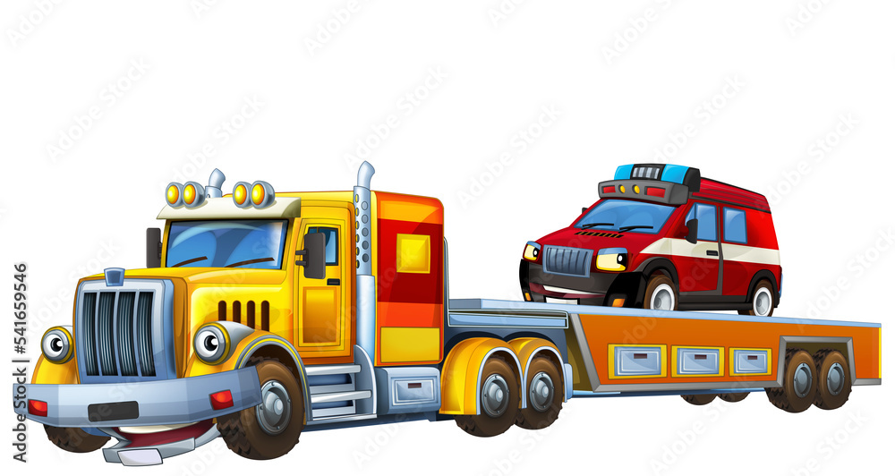 cartoon tow truck driving with other car fireman cartoon tow truck driving with other car fireman