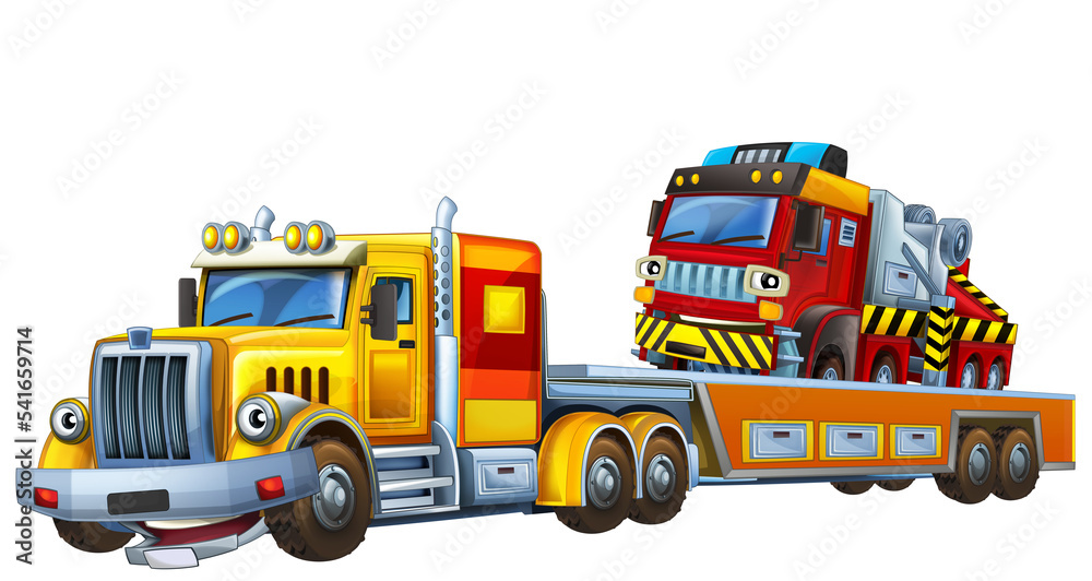 cartoon tow truck driving with other car fireman