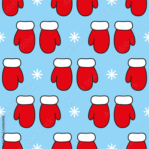 Red mittens and white snowflakes on blue background. Seamless vector pattern. Christmas background for festive designs, textile prints, wrappings, decorations, banners, cards, and invitations.