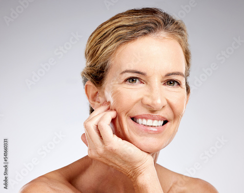 Beauty, skincare and portrait of happy mature woman with smile on face, skin glow and anti aging makeup. Health, wellness and senior lady enjoying healthy lifestyle, self love and luxury healthcare.