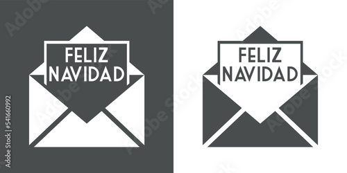 Logo con frase Feliz Navidad en español en carta en sobre de correo en fondo gris y fondo blanco