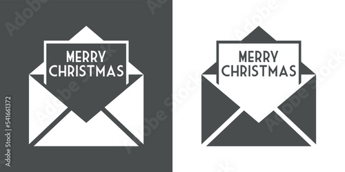 Logo con frase Merry Christmas en carta en sobre de correo en fondo gris y fondo blanco