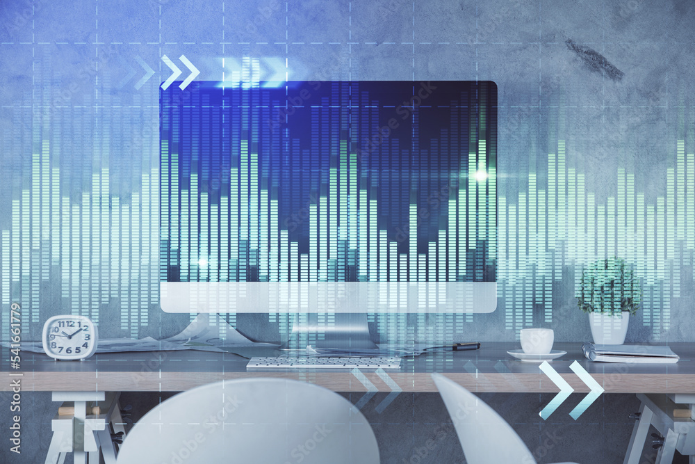 Multi exposure of financial graph drawing and office interior background. Concept of market analysis. Multi exposure of financial graph drawing and office interior background. Concept of market analysis.