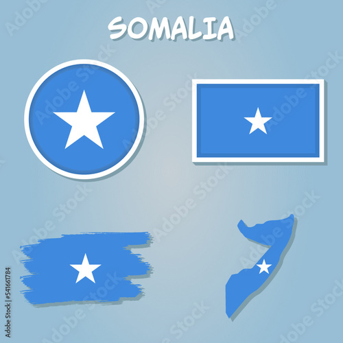 Map of Somalia on a blue background, Flag of Somalia on it.