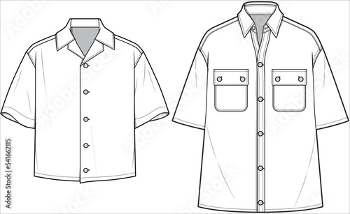 Boxy Loose Fit Oversized Shirt, Baggy Shirt Front and Back View. Fashion Illustration, Vector, CAD, Technical Drawing, Flat Drawing, Template, Mockup.