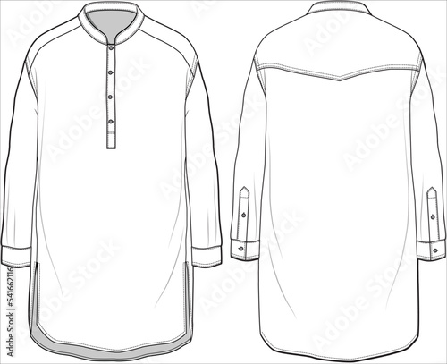Mandarin Collar Kurta Front and Back View. Fashion Illustration, Vector, CAD, Technical Drawing, Flat Drawing, Template, Mockup.