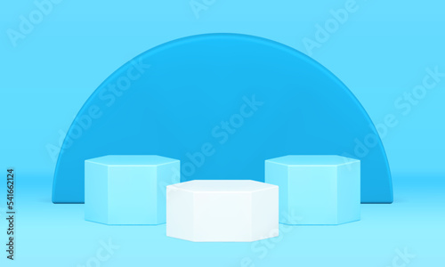 Blue pedestal showcase geometric 3d background exhibition display hexagon semicircle podium vector