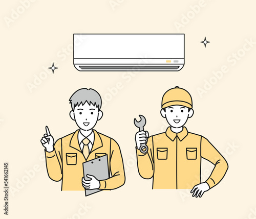 エアコン取付工事をする電気工事士の男性　空調工事のイラスト