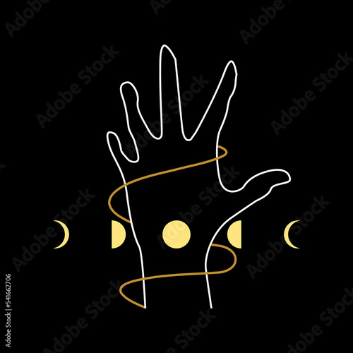 White line hand witch magic with yellow moon different phases or lunar phase waxing and waning on black background boho tattoo flat vector icon design.