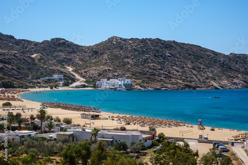 Breathtaking panoramic view of the famous Mylopotas beach in Ios Greece