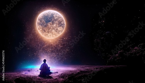 Buddhist monk in meditation  moon background