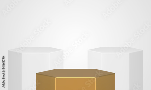 Hexagonal pedestal foundation basic arena event competition golden white platform realistic vector