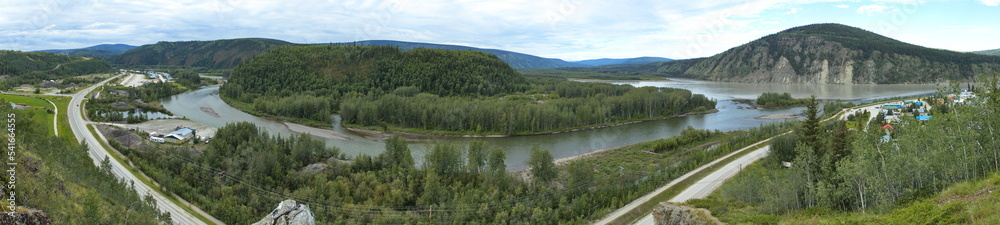 View of the junction of Klondike River and Yukon-Kuskokwim Delta from Crocus Bluff Trail in Dawson,Yukon,Canada,North America
