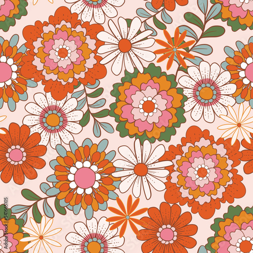Retro 1970 Groovy Flowers Seamless Pattern Hand-Drawn Vector Illustration. Seventies Style  Groovy Peace