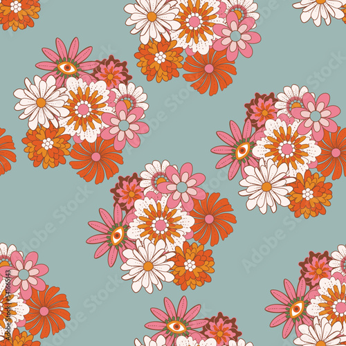 Retro 1970 Groovy Flowers,Seamless Pattern Hand-Drawn Vector Illustration. Seventies Style, Groovy Peace