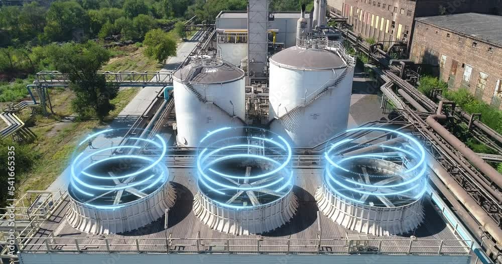 Cooling tower from a drone. Wet cooling towers. Evaporative cooling towers. Industrial cooling towers.