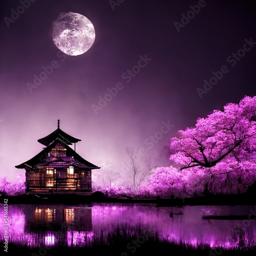 Japanese garden with cherry blossom, sakura, with water lake