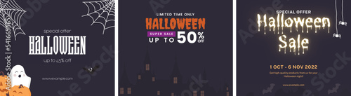 Halloween Sale Promotion Poster with scary balloons spiders  candy and flying serpentine.Vector illustration for website   posters  ads  coupons  promotional material invitation  postcard