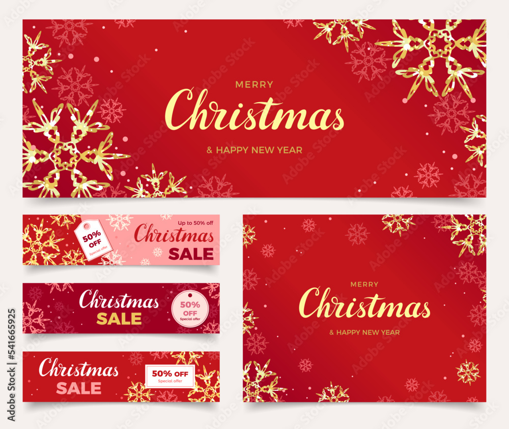 Set of Merry Christmas and Happy New Year vector cards. Christmas sale banners. Promotional discounts. Festive red background with golden snowflakes. Set of Merry Christmas and Happy New Year vector cards. Christmas sale banners. Promotional discounts. Festive red background with golden snowflakes.