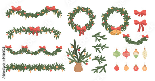 Cartoon set of Christmas garlands, fir tree branches, red bow, light and jingle bells. Holidays decoration on white background. New Year design. Flat vector illustration. photo
