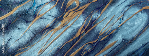 Abstract fluid art background navy blue and turquoise colors. Liquid marble. Acrylic painting with brown lines. © nikol85