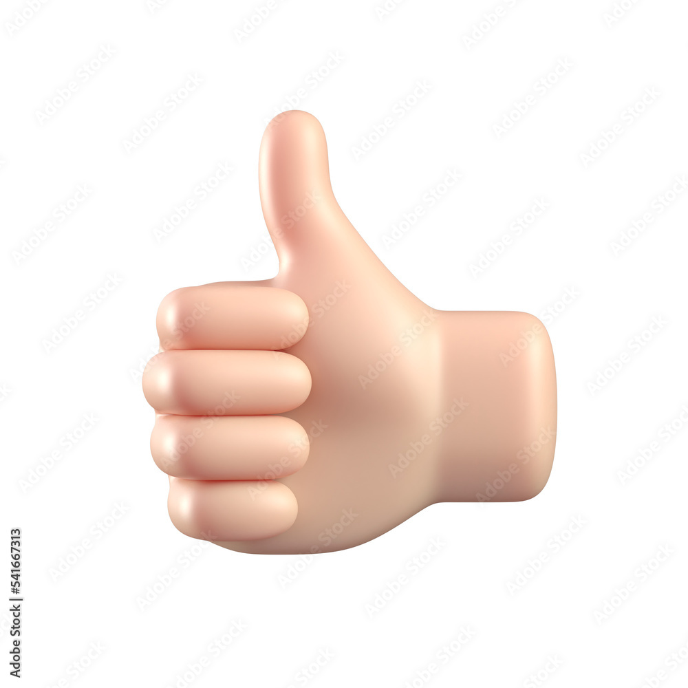 Cartoon 3d hand thumb up for success or good feedback, positive concept and like symbol isolated over white background. 3d rendering