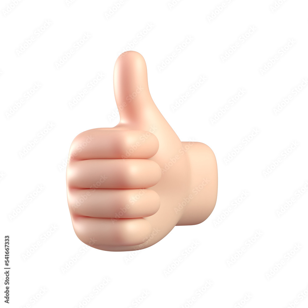 Cartoon 3d hand thumb up for success or good feedback, positive concept and like symbol isolated over white background. 3d rendering Cartoon 3d hand thumb up for success or good feedback, positive concept and like symbol isolated over white background. 3d rendering