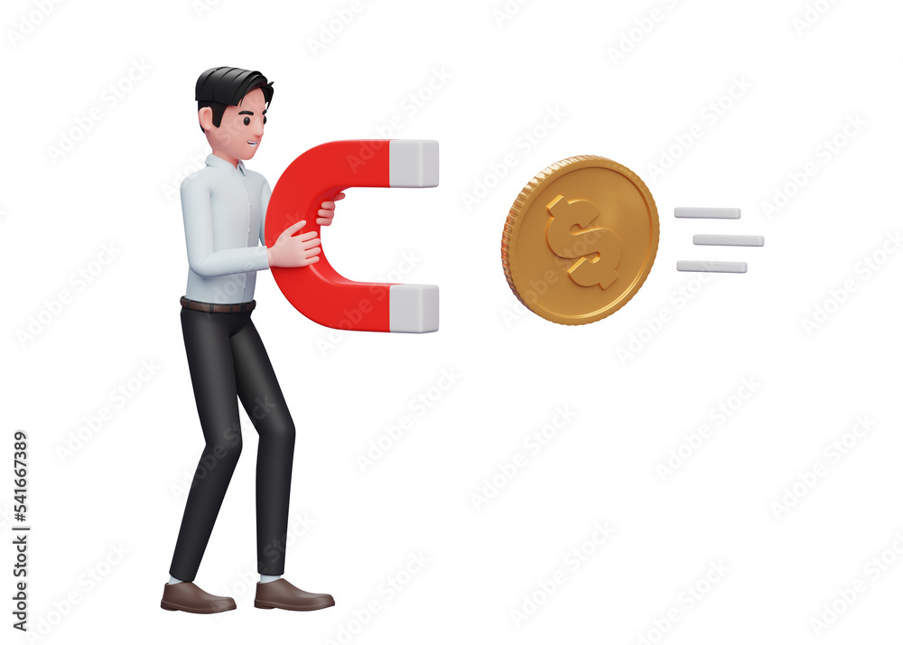 businessman in blue dress standing holding magnet attracting gold coin, 3d rendering of business investment concept businessman in blue dress standing holding magnet attracting gold coin, 3d rendering of business investment concept