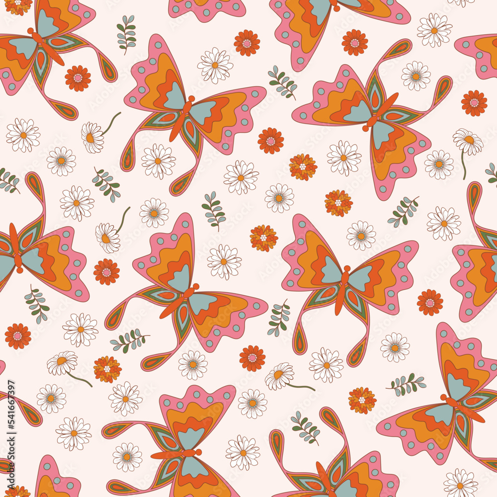 Retro 1970 Groovy Flowers,Seamless Pattern Hand-Drawn Vector Illustration. Seventies Style, Groovy Peace