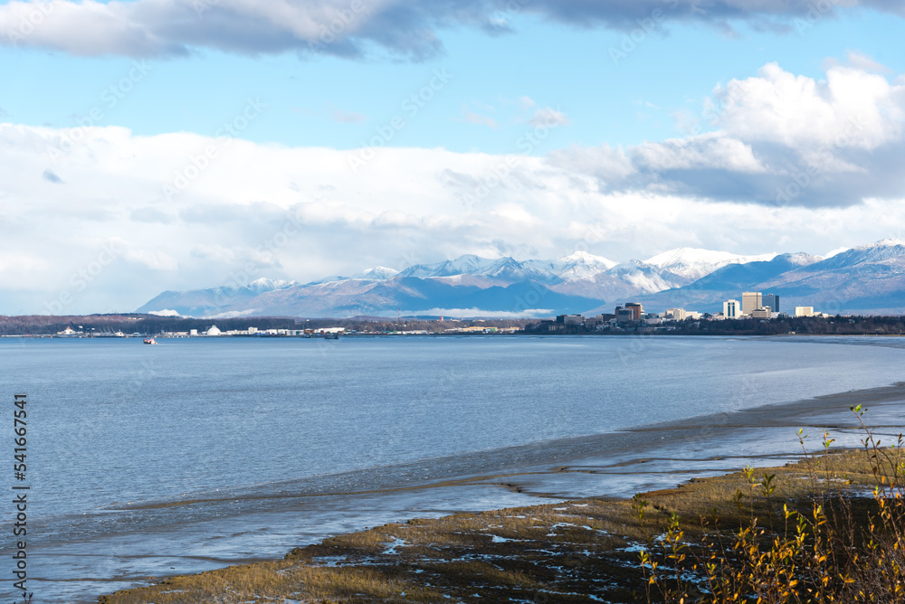 Downtown Anchorage and deep-water port of Alaska with Cook Inlet ...
