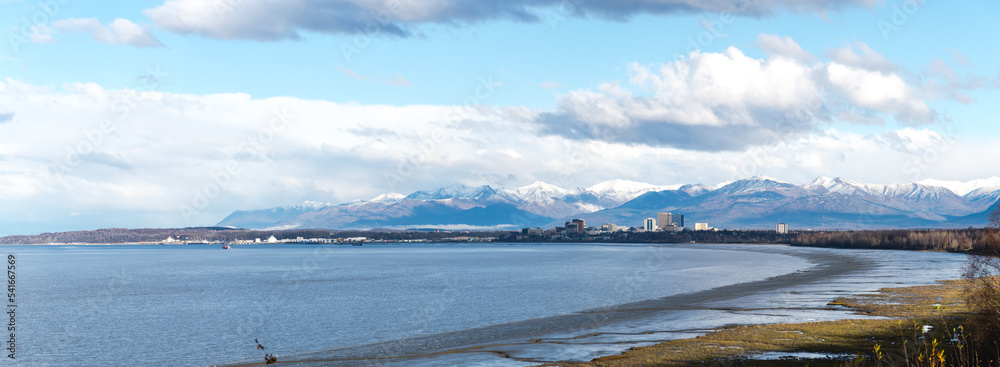 Panorama view downtown Anchorage and deep-water port of Alaska with Cook Inlet, Turnagain Arm  and snow cap Chugach Mountain in background