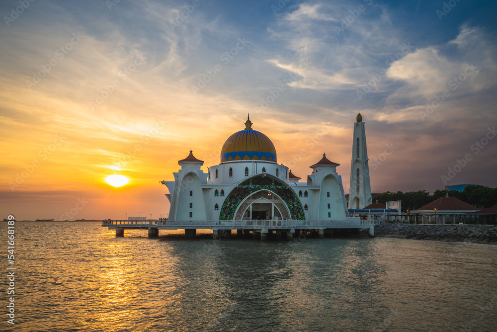 masjid selat melaka in malacca,  malaysia at dusk