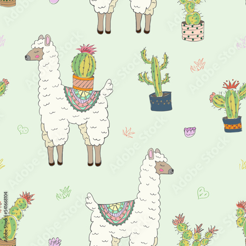 seamless pattern with funny llama and cacti - vector illustration, eps