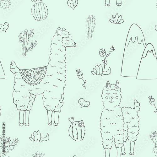 seamless pattern with funny llama and cacti - vector illustration, eps