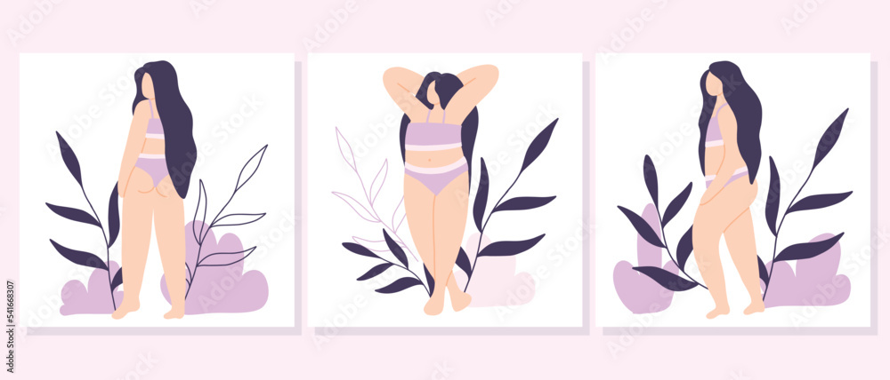 Set of bodypositive posters with a girl. Collection of postcards with a girl in lingerie. Flat style. Vector illustration.