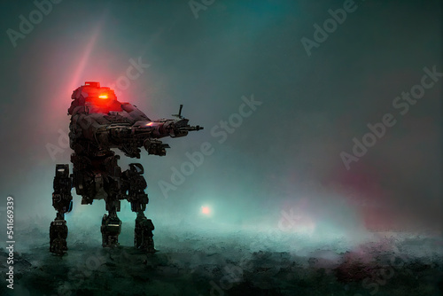 Background with copy space: fantasy night battle scene of a sci-fi mech robot in an attacking pose with a laser sight is  attacking smth,  Generative AI	 photo