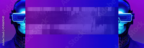 Canvas-taulu blue and purple background with half head scull-faced  cyborg  and cope space wi