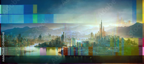 The textured wallpaper with a glitch panorama of the futuristic city with a buggy LED screen and television signal error 