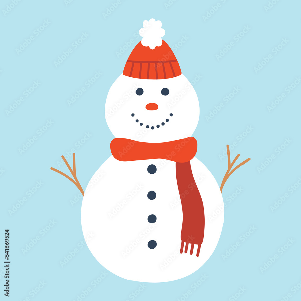 Cute snowman in a hat and scarf. Isolated snowman. Vector illustration. Flat style.
