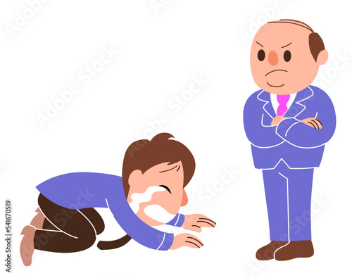 Vector illustration of employee crying begging his angry boss