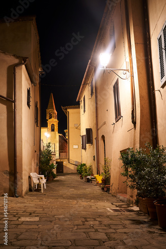 Street with houses and a church bell tower during the night in Magliano in Toscana