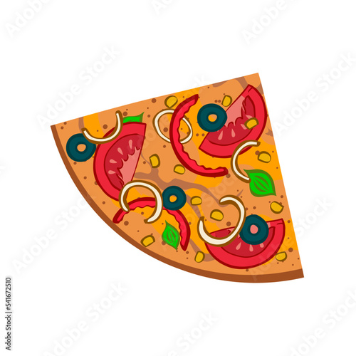 Appetizing pizza with tomato, olives, sweet pepper. Cut off piece. Tasty food. Lunch menu at the pizzeria. Cartoon vector outline illustration isolated on white background. Top view