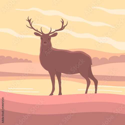 Beautiful red deer with antlers. Forest herbivore animal. Faina and wildlife. Peaceful nature landscape. Calm morning. Rural scener. Flat vector illustration