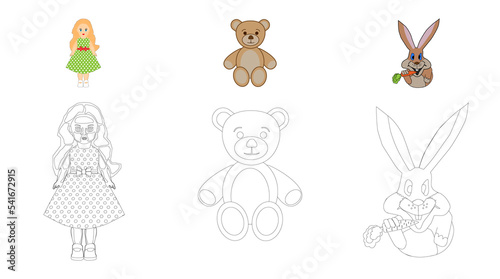Children's coloring book, girl doll, teddy bear and cheerful hare